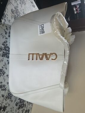 Cavalli Class Cream-White Tote with Gold Logo Hardware